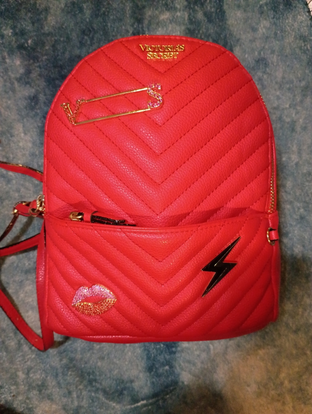 Victoria's Secret Red Mini Quilted Backpack w/Gold Hardware Adjustable Straps.